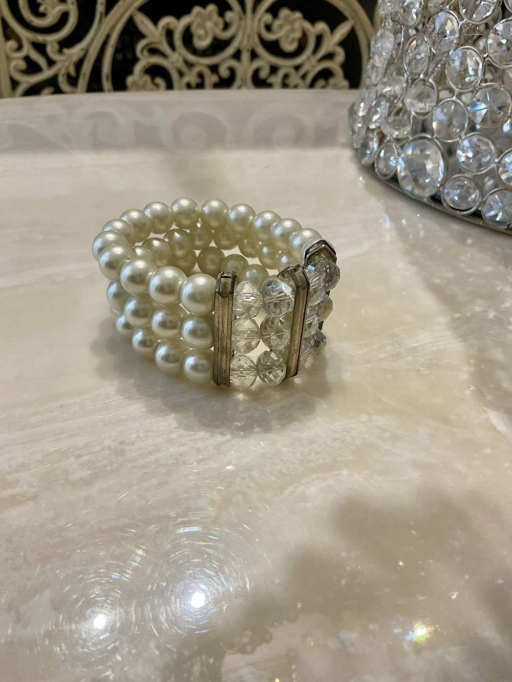 Pearl and Crystal Stretch Bracelet - White Faux Pearls